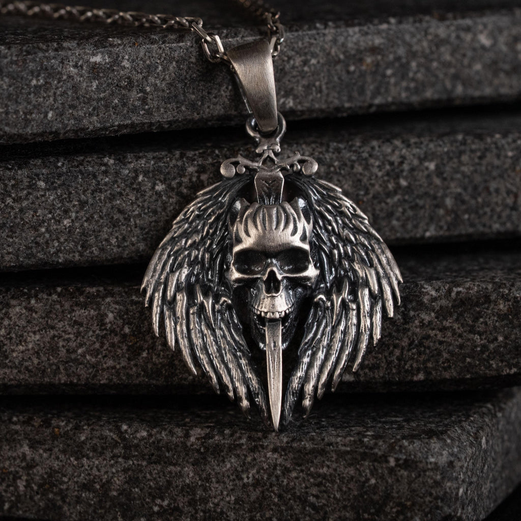 Gothic Skull Sword 925 Sterling Silver Pendant Necklace