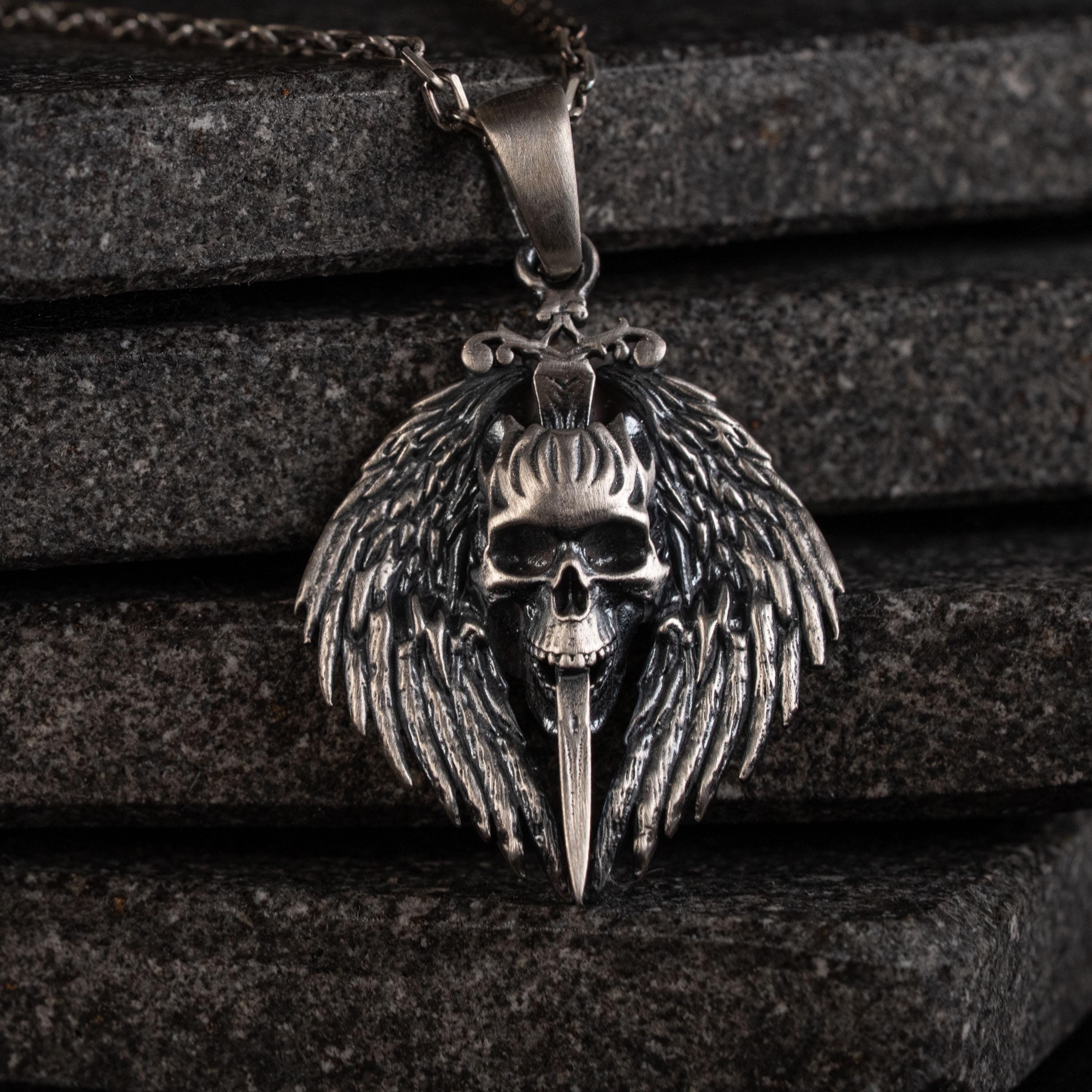 Gothic Skull Sword 925 Sterling Silver Pendant Necklace