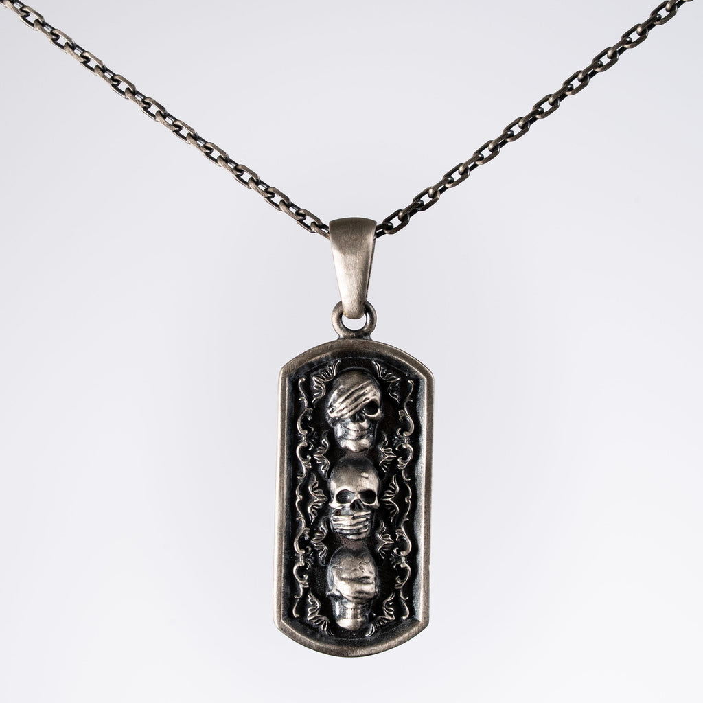 Three Wise Skulls 925 Sterling Silver Handmade Necklace