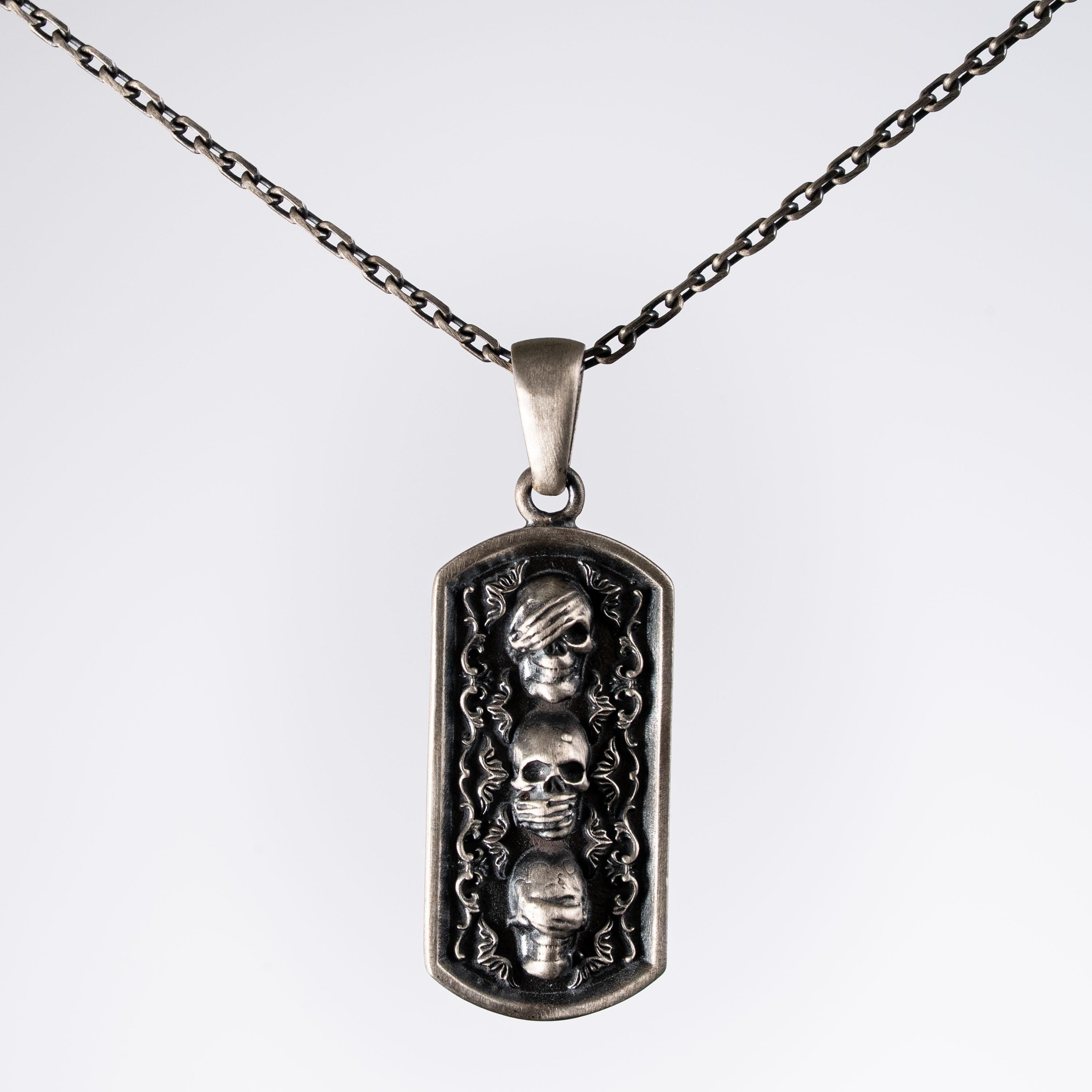 Three Wise Skulls 925 Sterling Silver Handmade Necklace