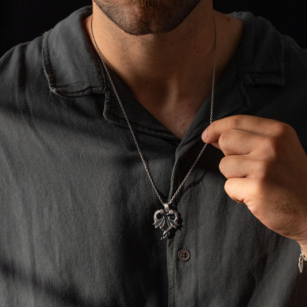 Twin Dragons Heart 925 Sterling Silver Pendant Necklace