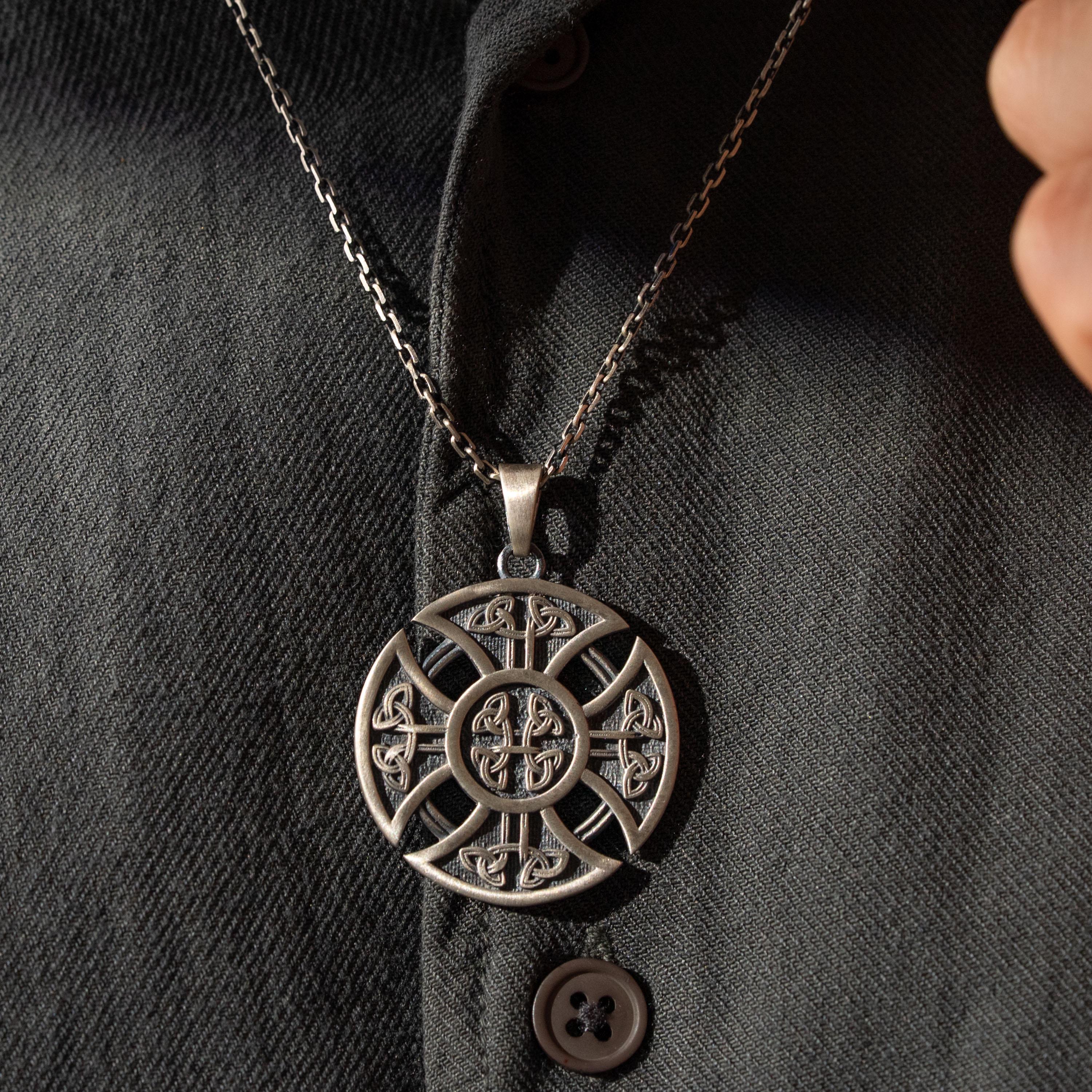 Celtic Knot Cross Handmade Sterling Silver Men Charm Necklace