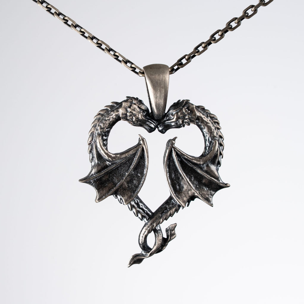 Twin Dragons Heart 925 Sterling Silver Pendant Necklace