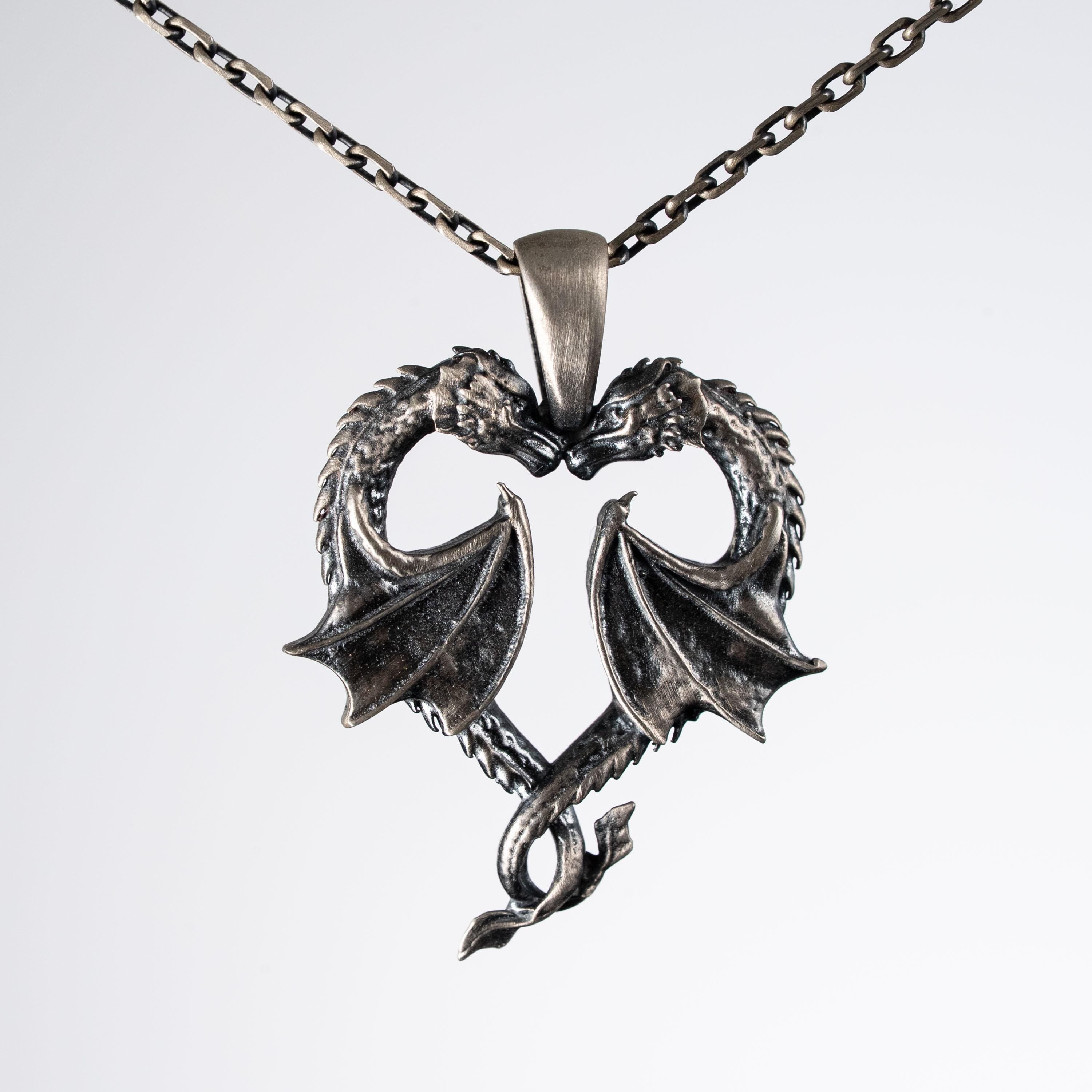 Twin Dragons Heart 925 Sterling Silver Pendant Necklace