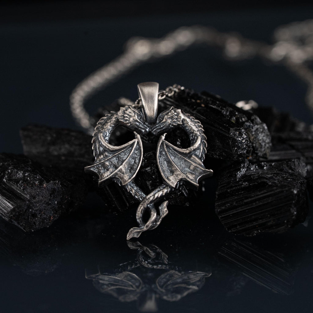 Twin Dragons Heart 925 Sterling Silver Pendant Necklace