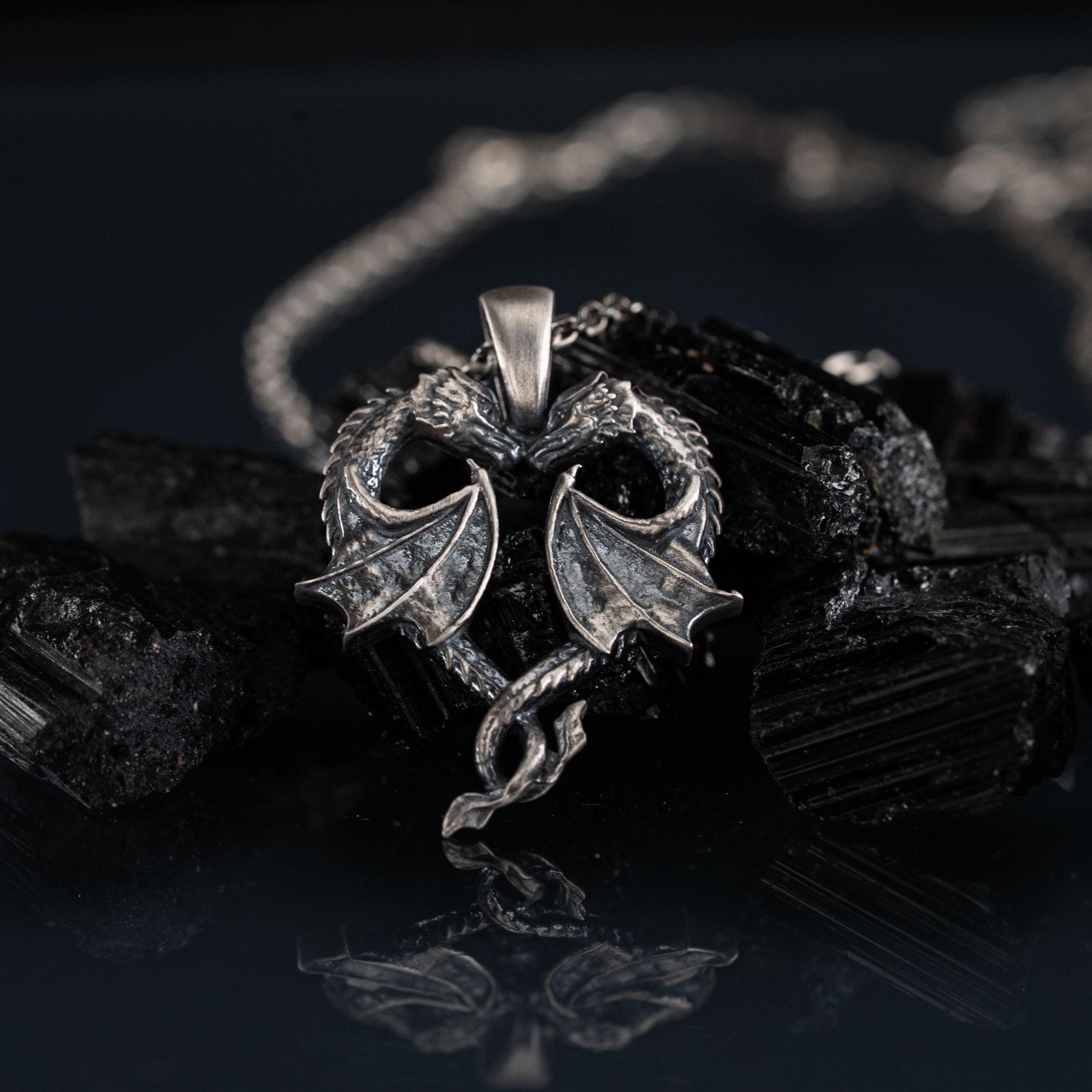 Twin Dragons Heart 925 Sterling Silver Pendant Necklace