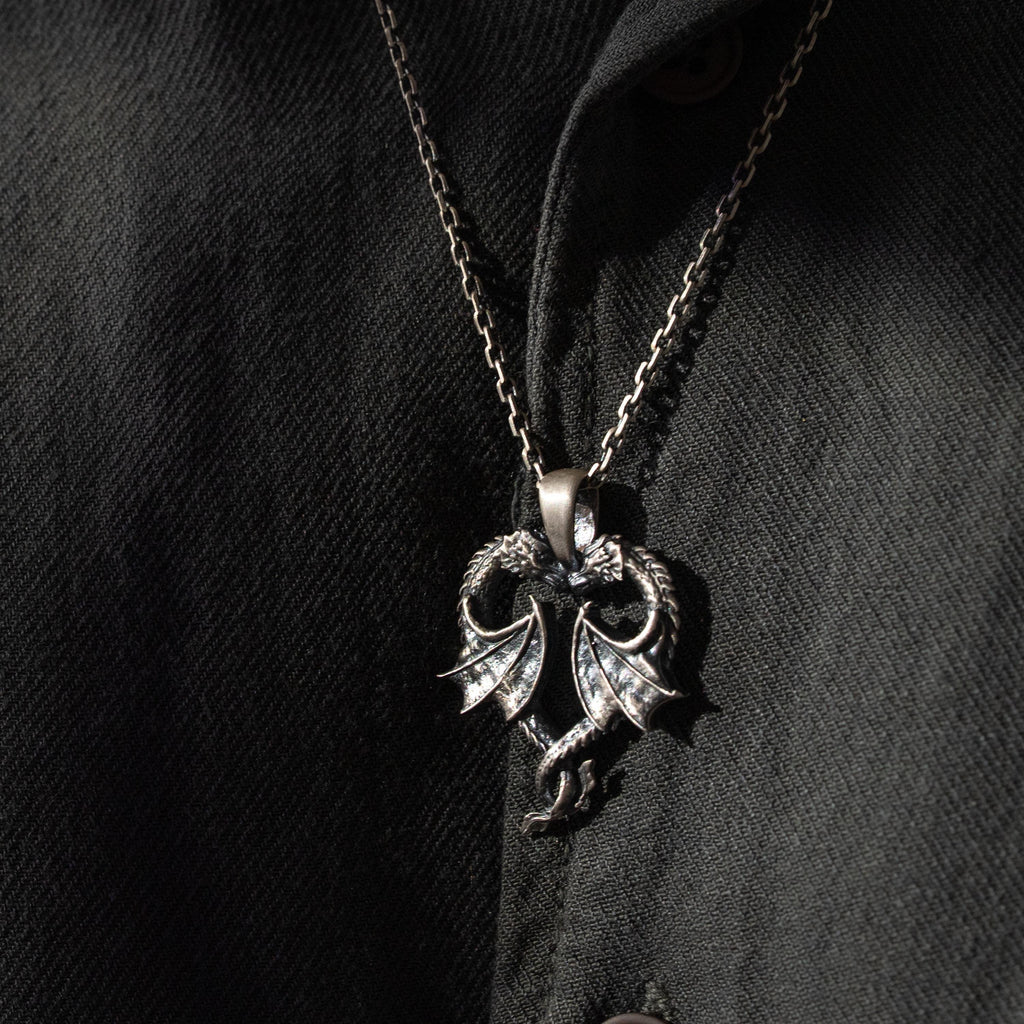 Twin Dragons Heart 925 Sterling Silver Pendant Necklace