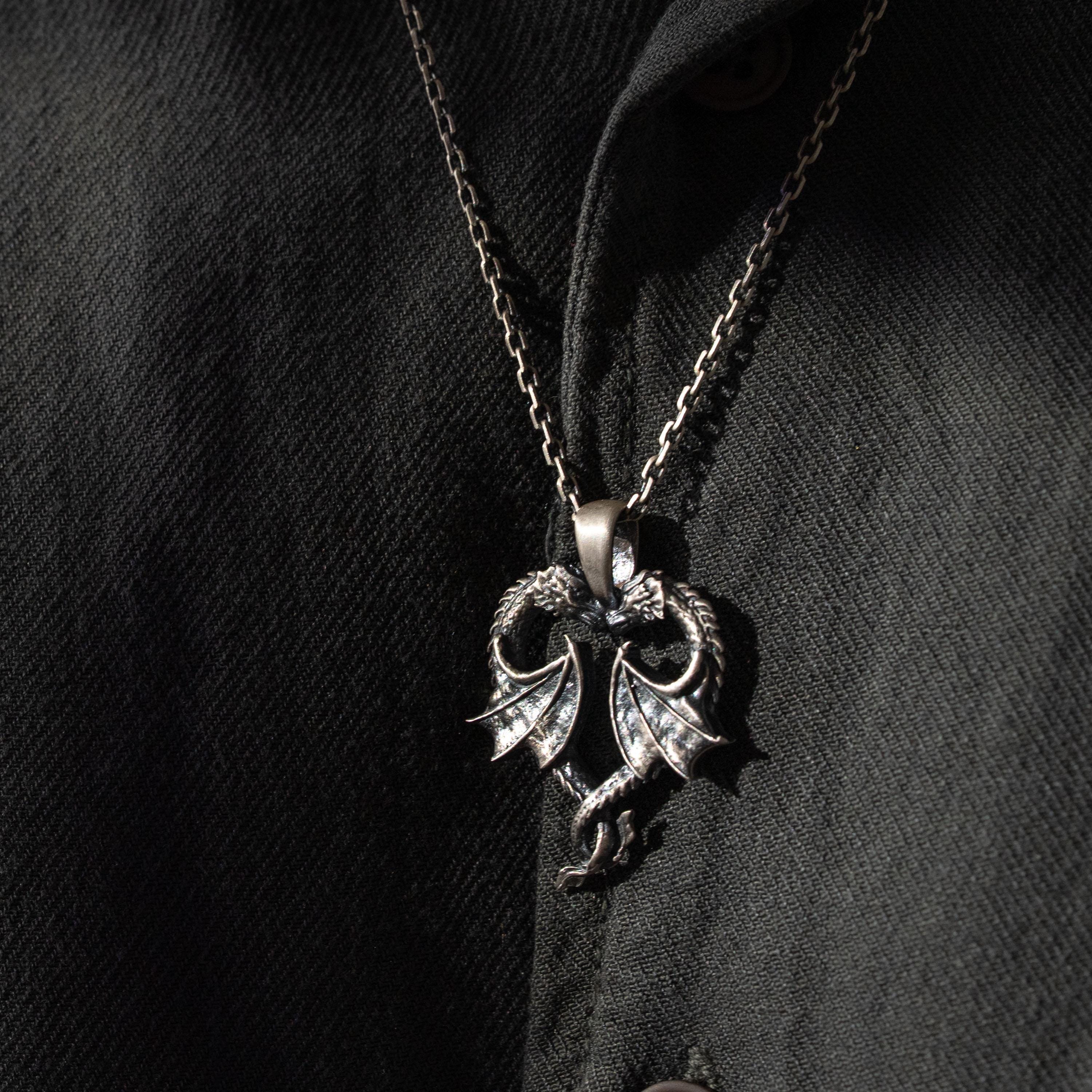 Twin Dragons Heart 925 Sterling Silver Pendant Necklace