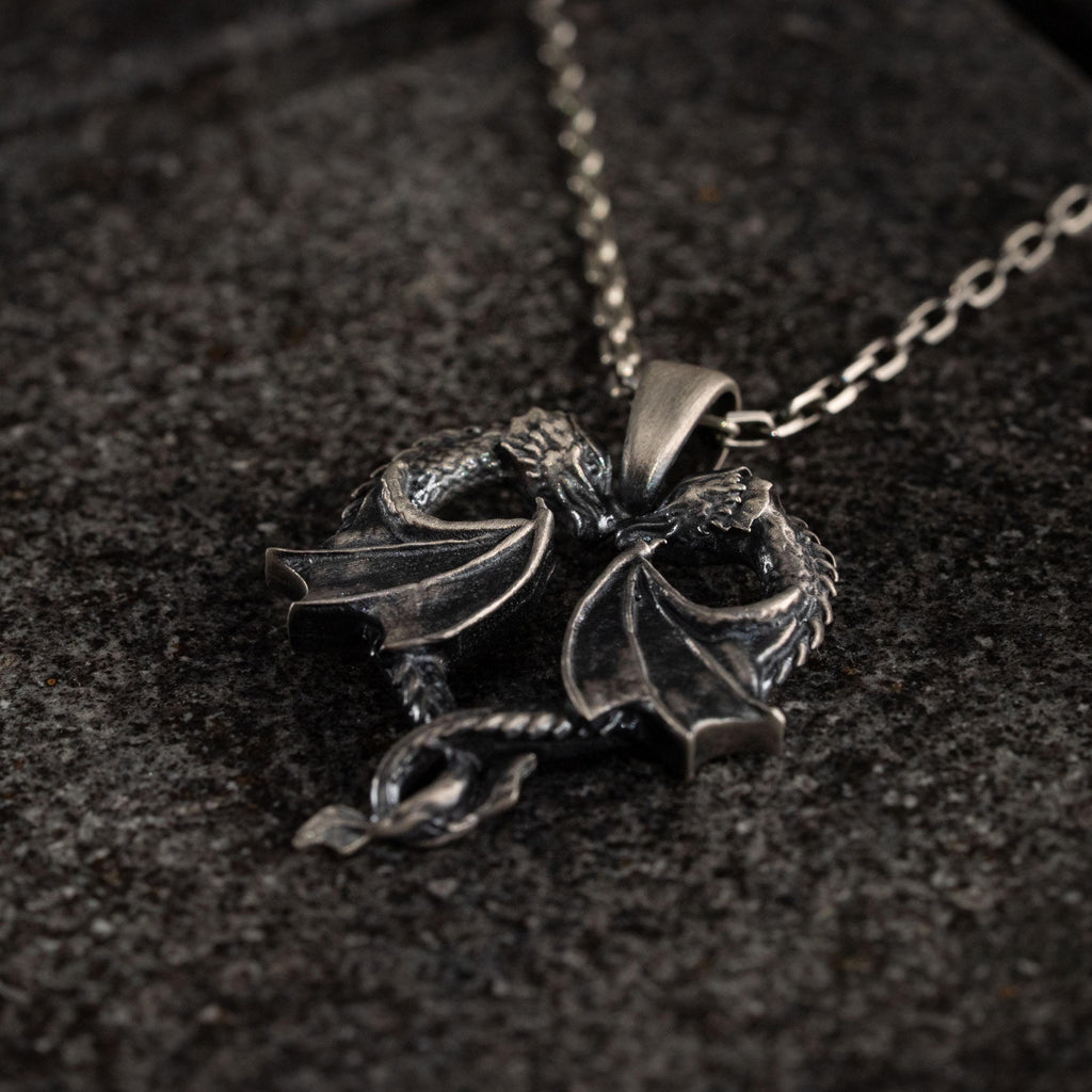 Twin Dragons Heart 925 Sterling Silver Pendant Necklace