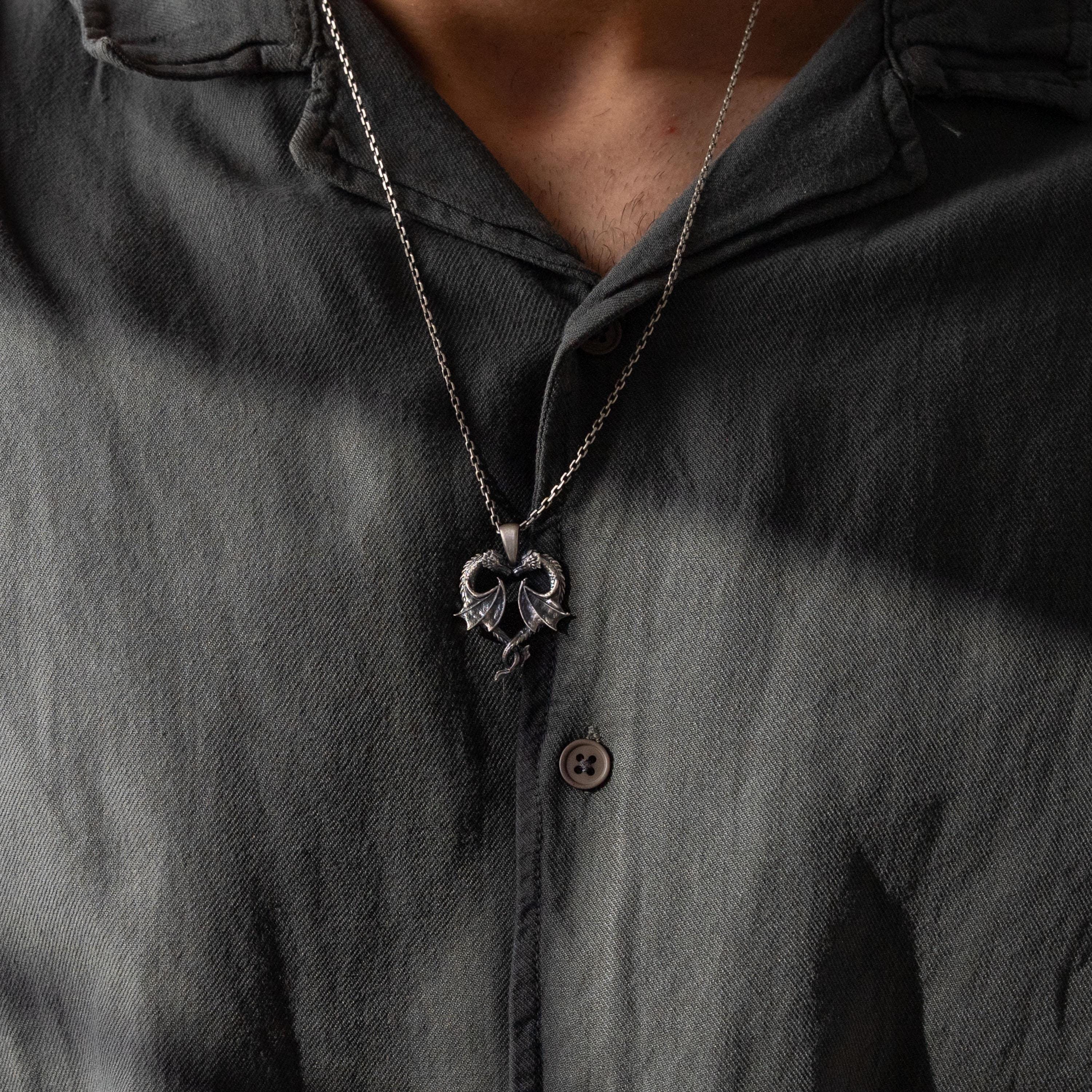 Twin Dragons Heart 925 Sterling Silver Pendant Necklace