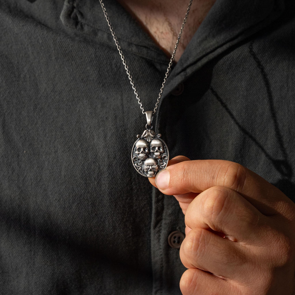 Three Wise Skull 925 Sterling Silver Pendant