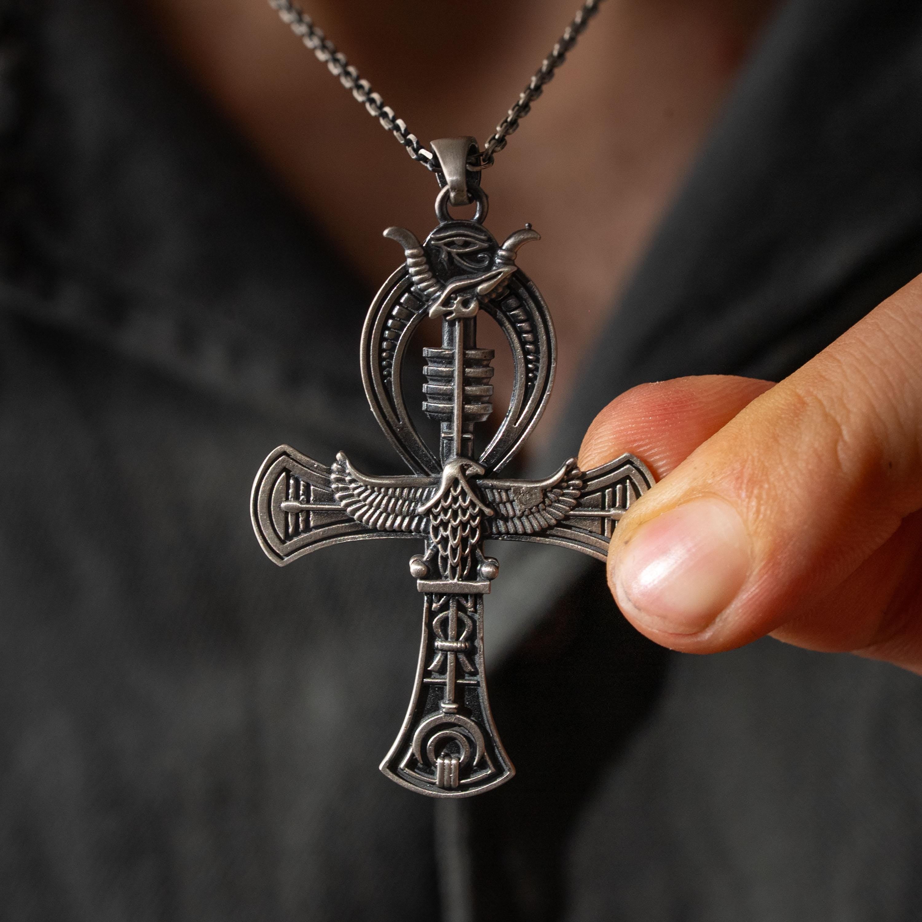 925 Sterling Silver Pharaoh Ring & Ankh Eye of Horus Pendant