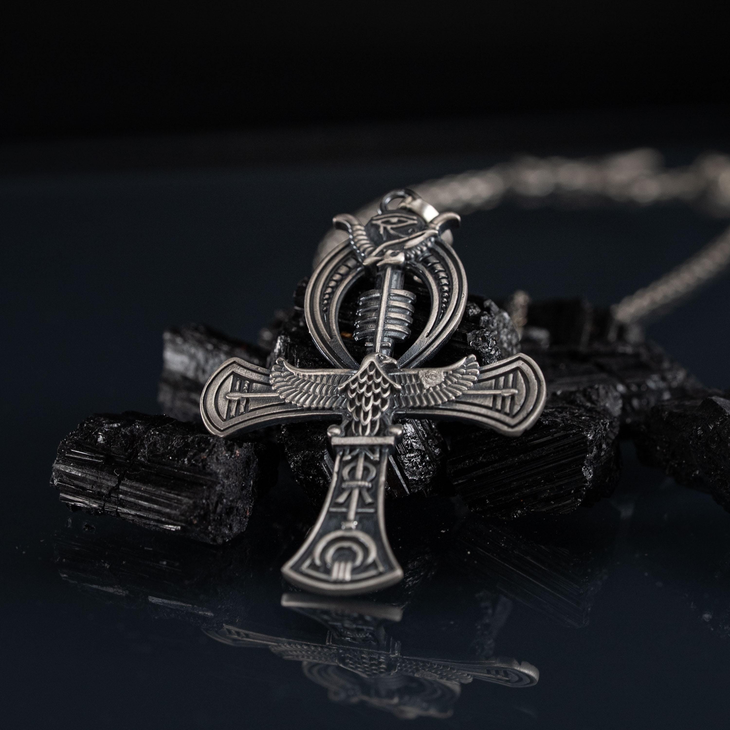 925 Sterling Silver Pharaoh Ring & Ankh Eye of Horus Pendant