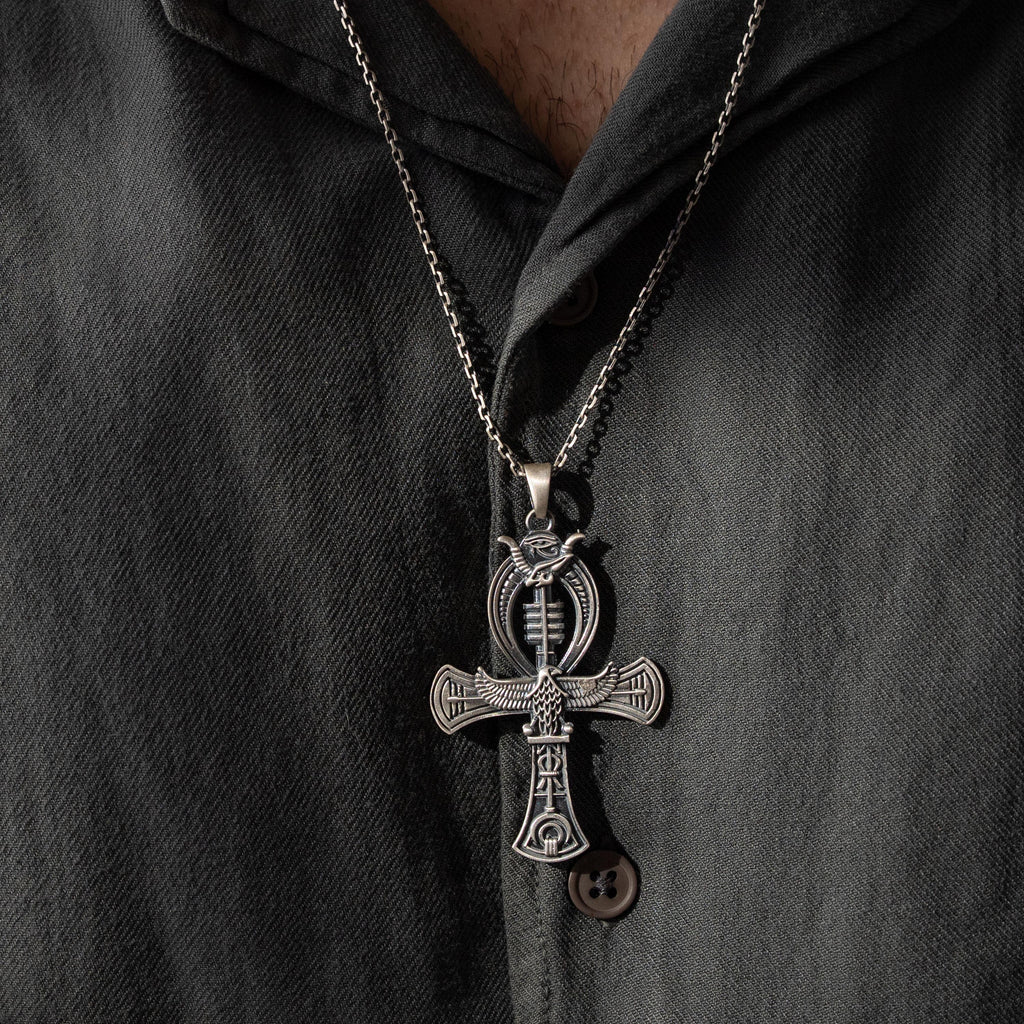 925 Sterling Silver Pharaoh Ring & Ankh Eye of Horus Pendant