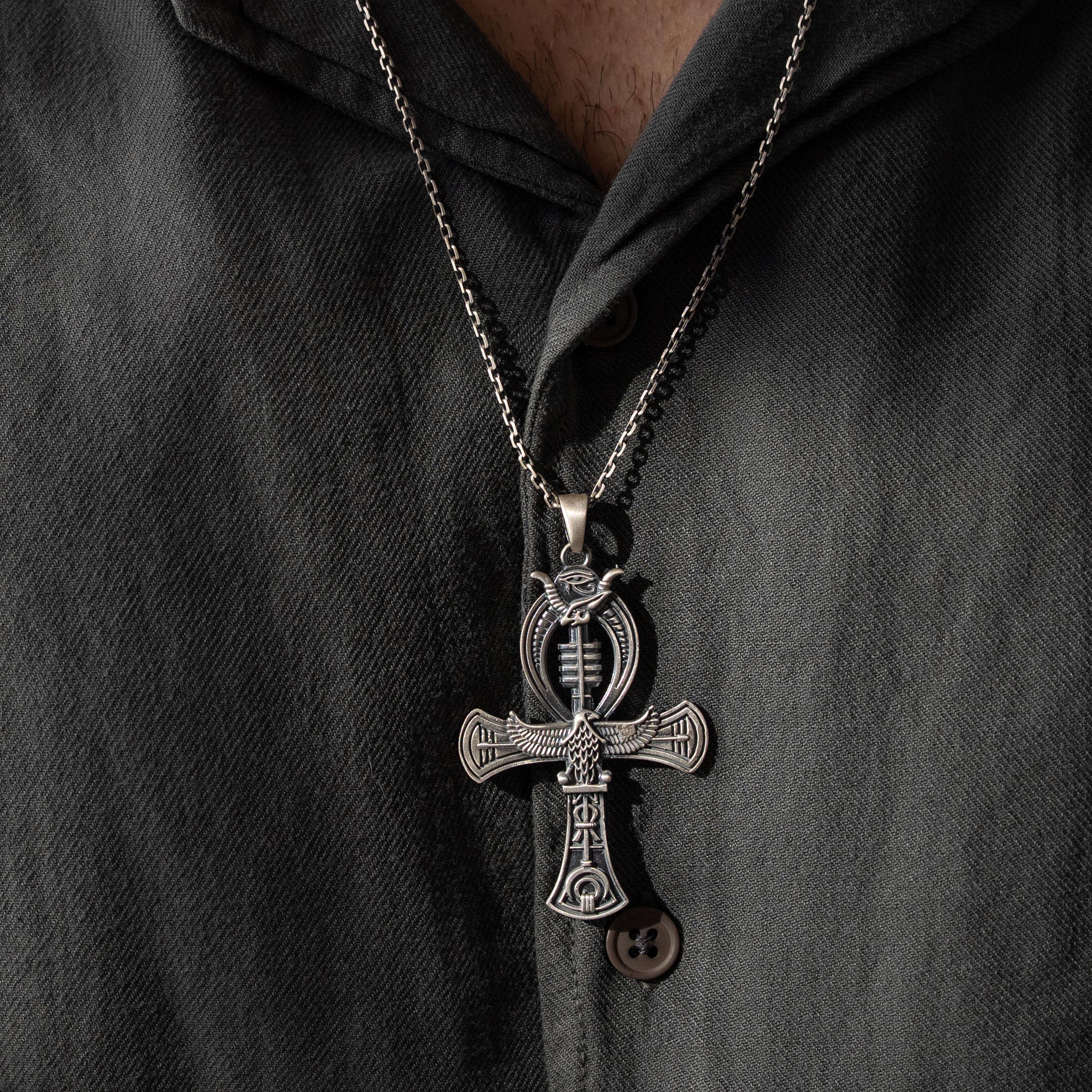 925 Sterling Silver Pharaoh Ring & Ankh Eye of Horus Pendant