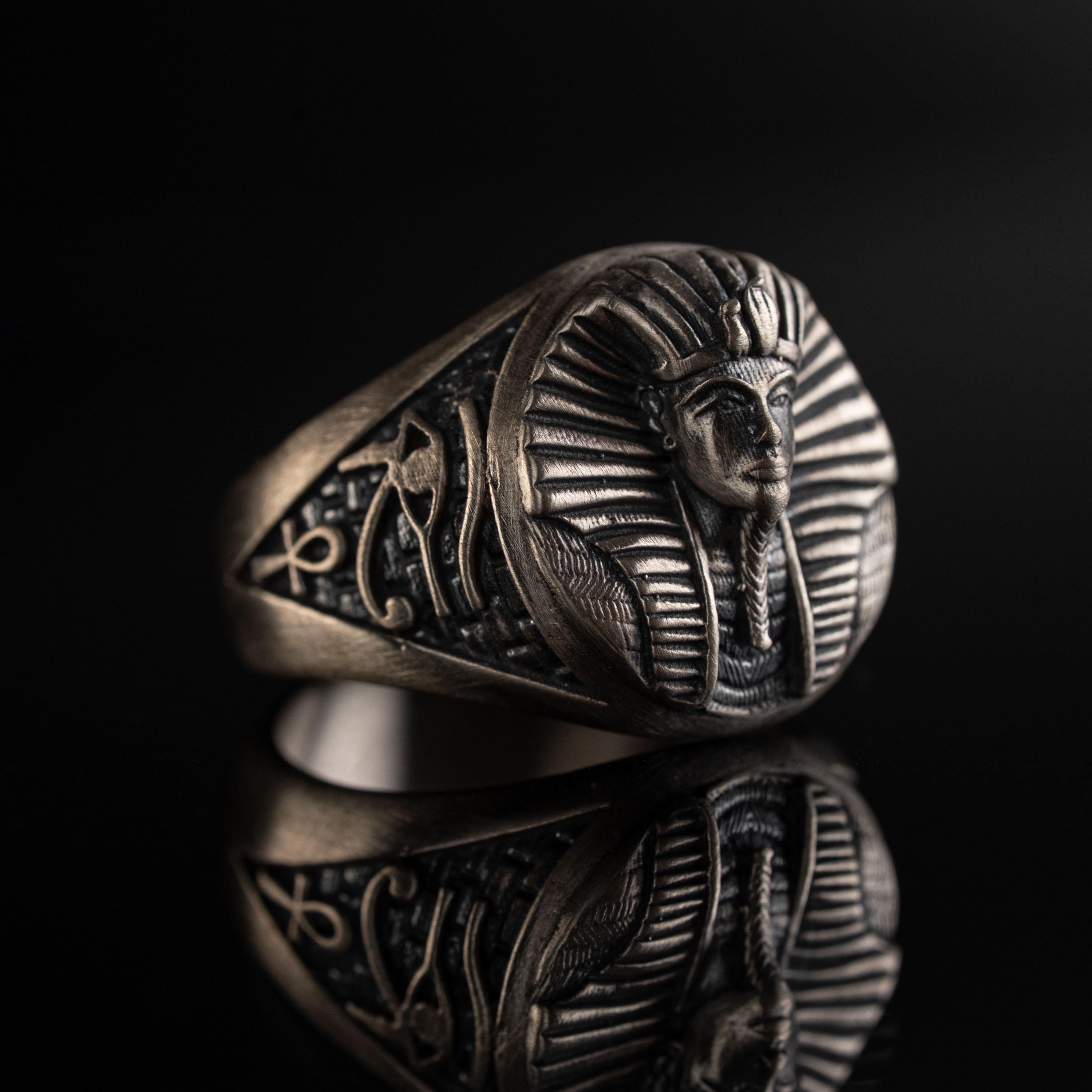 925 Sterling Silver Pharaoh Ring & Ankh Eye of Horus Pendant