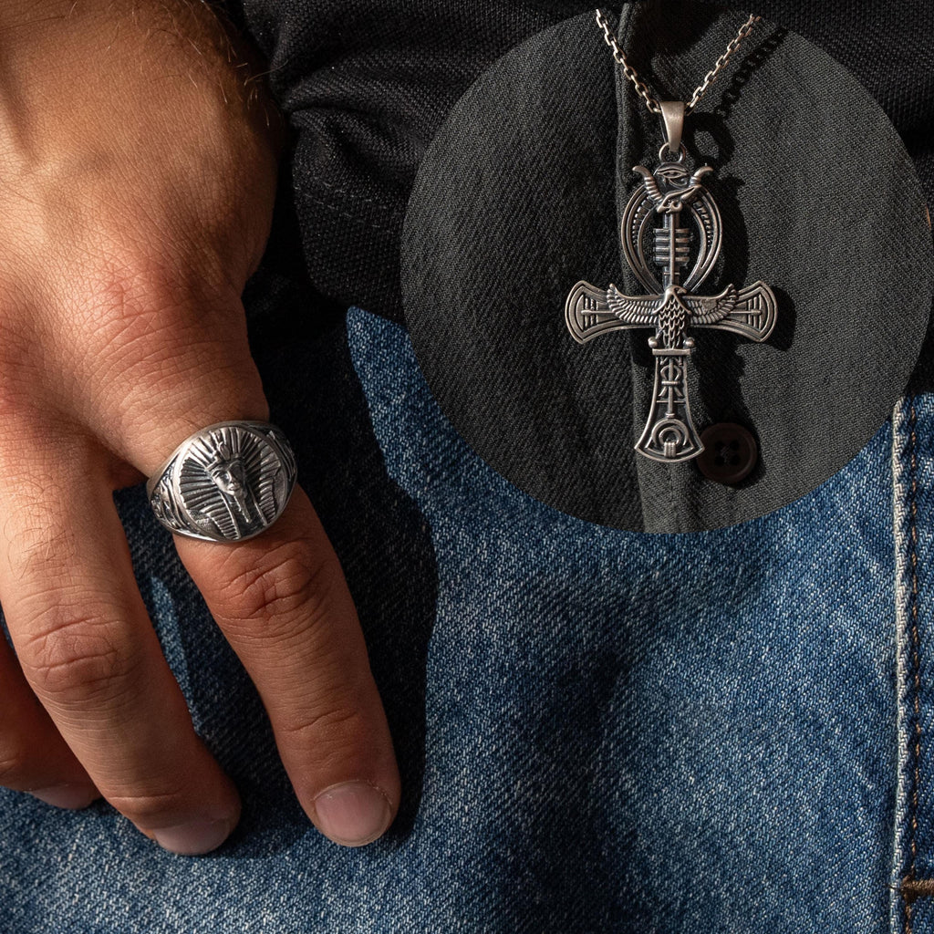 925 Sterling Silver Pharaoh Ring & Ankh Eye of Horus Pendant
