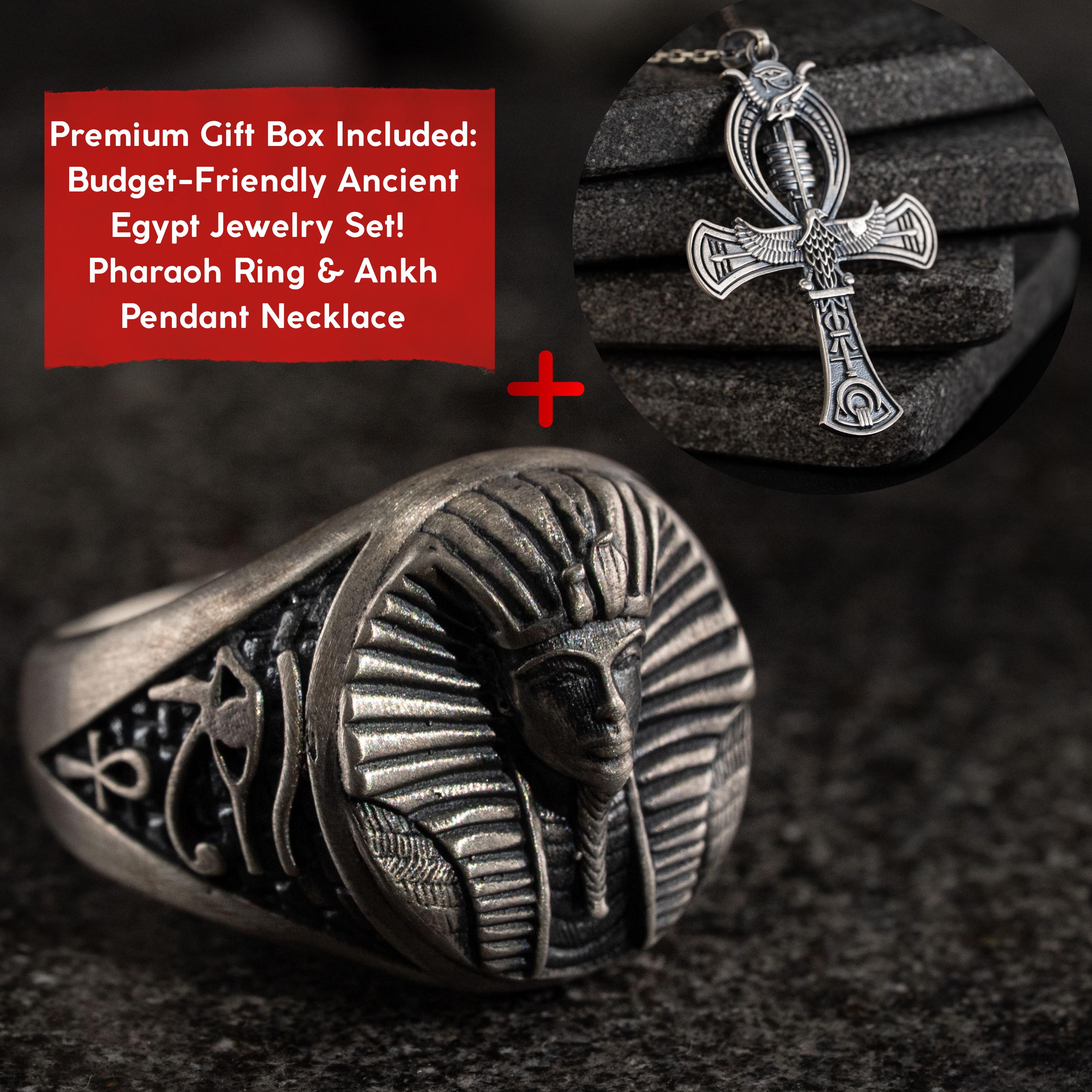 925 Sterling Silver Pharaoh Ring & Ankh Eye of Horus Pendant