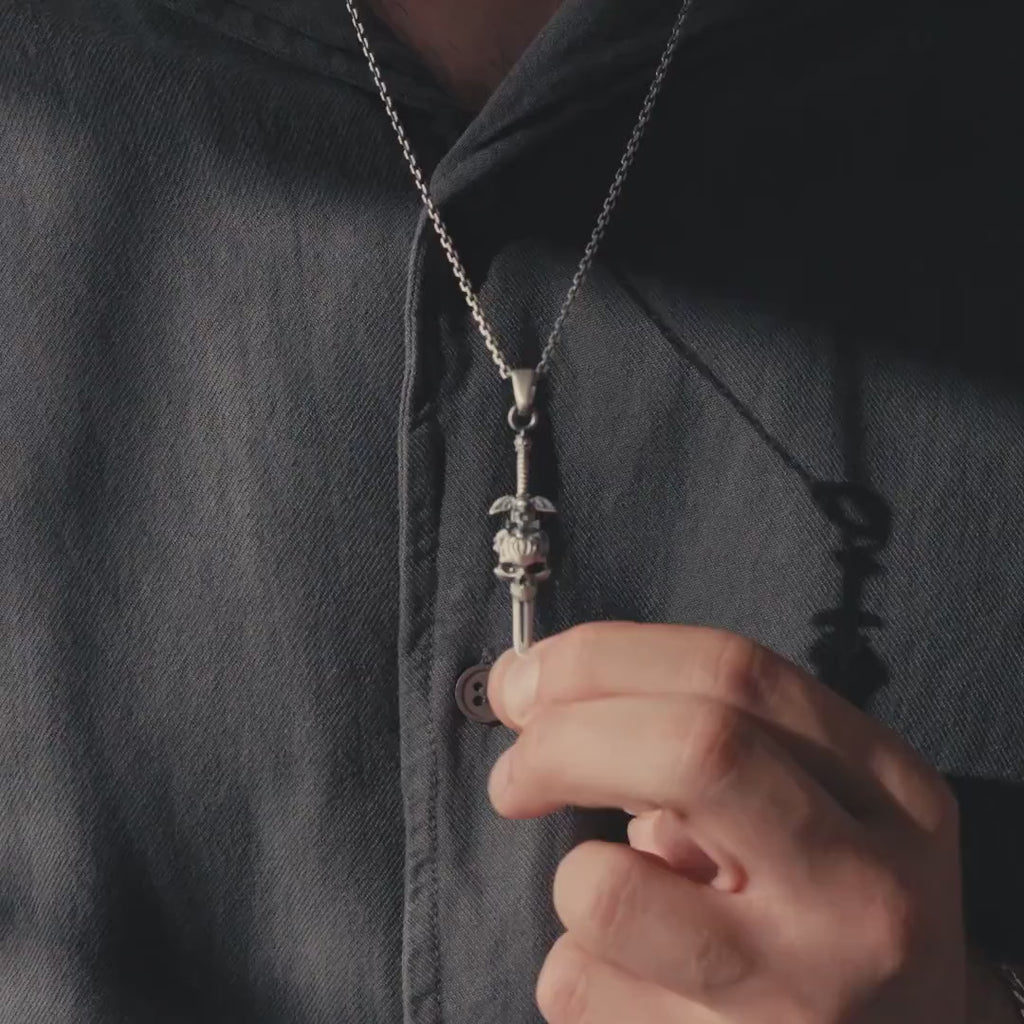 Skull Cross Sword 925 Sterling Silver Pendant Necklace