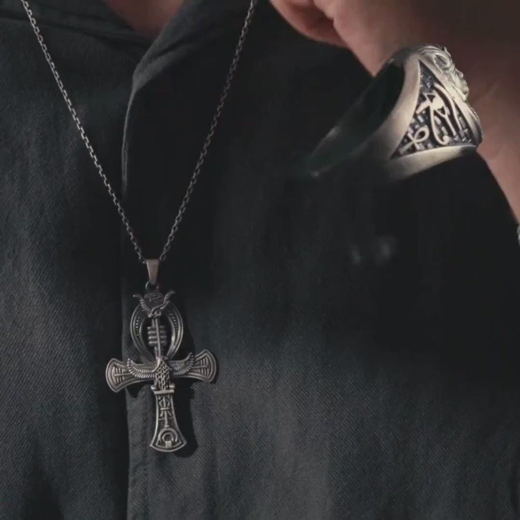 925 Sterling Silver Pharaoh Ring & Ankh Eye of Horus Pendant