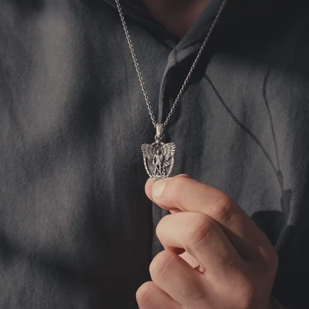 Personalized St. Michael Archangel Shield 925 Sterling Silver Necklace