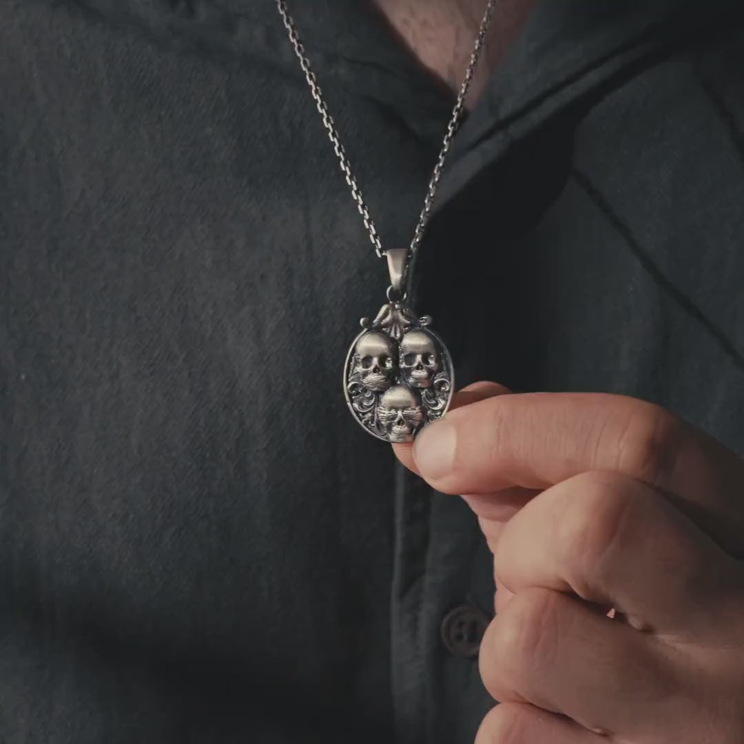 Three Wise Skull 925 Sterling Silver Pendant Necklace
