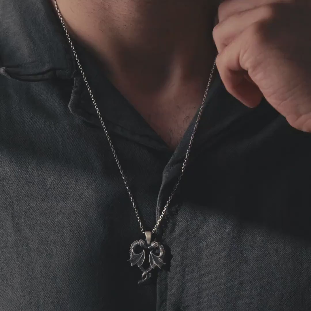 Twin Dragons Heart 925 Sterling Silver Pendant Necklace